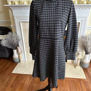 NWT Ann Taylor Black and Gray Plaid Long-Sleeve Fit-and-Flare Dress